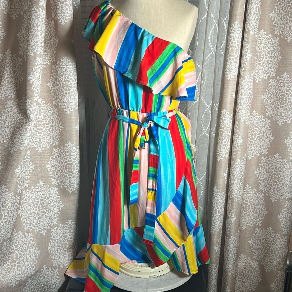 Peach Love California One Shoulder Rainbow Stripe Dress - Size Small